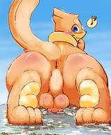 drawing furry blushing mega color butt giant penis blue_eyes barefoot smiling crawling testicles looking_back cock_crush scrotum