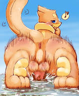 drawing furry blushing mega color butt giant penis blue_eyes barefoot smiling crawling thighs testicles looking_back cock_crush scrotum