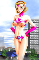 breasts drawing giantess nude pussy blonde color buildings gloves apricot_garden looking_at_viewer hands_on_hips