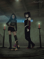boots pigtails piercings shrunken_woman magic candles hood goths sorenzer0 looking_at_tiny digital_render detached_sleeves pentagram