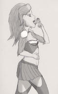 drawing vore monochrome tongue finger nylons shrunken_person rubbing_belly miniskirt looking_at_tiny blueknight2891