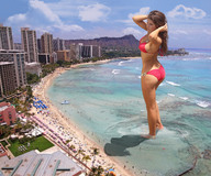 breasts giantess collage mega butt swimsuit beach water ocean buildings brunette wonderslug hawaii resort downward_angle amanda_cerny waikiki_beach