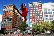 giantess collage city mega brunette wonderslug boots running giantess_katelyn looking_at_tiny red_cardigan