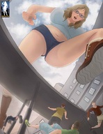 drawing giantess city blonde blue_eyes foot_crush belly looking_down open_mouth thighs point_of_view giantessfan crowds running_away imminent_crush looking_at_tiny