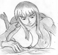 drawing nipples giantess giga monochrome nico_robin one_piece cleavage huge_breasts breast_crush brunette lying_down looking_down pirate looking_at_victims colonel-gabbo