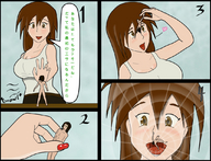drawing vore comic color long_hair handheld tifa_lockhart brunette brown_eyes translate_me heart shrunken_man open_mouth falling dialogue imminent_vore falling_in_mouth