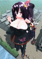 city black_hair long_hair huge_breasts ponytail fighting looking_up outdoors waving digital_render between_breasts