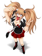 drawing tongue clothed mouth handheld cleavage skirt shrunken_men shrunken_man dangle between_fingers bane imminent_vore downward_angle migs308 looking_at_tiny junko_enoshima dangan_ronpa