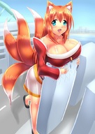 drawing giantess city color destruction blue_eyes cleavage buildings huge_breasts breast_crush red_hair kitsune hugging standing xano501 cysh_aizen