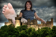 collage mega toes barefoot soles castle smiling unknown_artist sitting clouds sky trees looking_at_viewer giantess_feet
