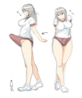 drawing size_difference futanari penis cleavage anime smiling looking_down thighs grey_hair cock_bulge bikuta looking_at_tiny