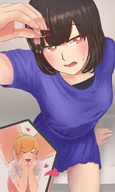 drawing blushing handheld anime red_eyes brunette sweat sitting shrunken_woman thighs uru mouth_open