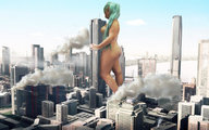 breasts giantess collage nude city long_hair blue_hair lucy digital_render liethkagamine