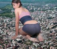 collage city mega destruction toes barefoot soles brunette unknown_artist crawling looking_down hand_crush thighs leg_crush source_needed looking_at_tiny