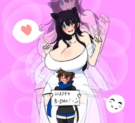 breasts drawing growth giantess blushing color cleavage anime green_eyes cat_ears brunette looking_down open_mouth white_dress herretik looking_at_tiny