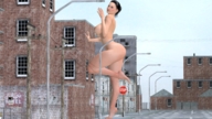 breasts giantess nude black_hair large_breasts buildings looking_at_viewer digital_render dinner-kun