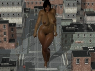 breasts giantess nude black_hair large_breasts buildings running looking_down dark_skin digital_render dinner-kun