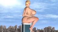 breasts giantess nude city blonde huge_breasts sitting looking_at_viewer digital_render dinner-kun