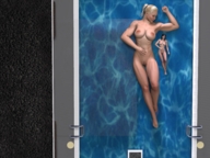 breasts nipples giantess nude pussy blonde toes barefoot ponytail lying_down navel muscles belly pool thighs ankles looking_at_tiny digital_render dinner-kun