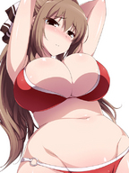 breasts drawing blushing swimsuit cleavage anime brunette brown_eyes navel belly looking_down point_of_view looking_at_viewer chance_maker sento_isuzu amagi_brilliant_park