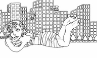 drawing giantess monochrome barefoot buildings helicopter lying_down unknown_artist