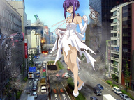 giantess collage blushing city destruction cleavage high_heels anime climbing purple_hair smiling gloves unknown_artist fire open_mouth thrown thighs ripped_clothing source_needed winking