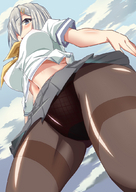 drawing panties blushing color blue_eyes stockings pantyshot low_angle camel_toe tights navel looking_down clouds grey_hair point_of_view underboob_view kantai_collection mushin hamakaze