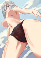 drawing nipples panties blushing color blue_eyes low_angle navel looking_down clouds grey_hair point_of_view underboob_view kantai_collection mushin hamakaze