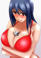 drawing micro blushing color long_hair swimsuit cleavage buildings blue_hair body_exploration mejiro between_breasts