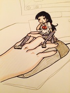drawing panties blushing upskirt long_hair mouse socks shrunken_woman computer tied_back xolittleonexo