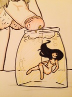 drawing giantess nude black_hair long_hair giant penis pee bottle no_background xolittleonexo