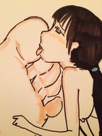 drawing nude feet long_hair licking shrunken_woman no_background tied_back xolittleonexo
