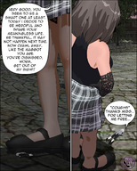 giantess comic long_hair blue_eyes shrunken_man looking_down grey_hair hands_on_hips looking_at_tiny digital_render giantessvero