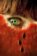 collage green_eyes eye bite shrunken_woman vorepreys looking_at_tiny watermelon