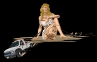 breasts drawing giantess blonde color barefoot bondage unknown_artist painting captured truck ropes attack_of_the_50_foot_woman makeshift_clothing