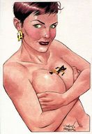 breasts drawing gentle nude color cleavage green_eyes brunette smiling short_hair navel belly avengers earrings covering_breasts no_background janet_van_dyne yellowjacket marvel_comics the_wasp between_breasts hank_pym