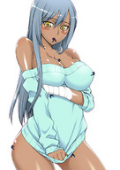 drawing vore blushing color cleavage anime climbing sweat yellow_eyes shrunken_men code_geass body_exploration thighs grey_hair pantsless villeta_nu between_breasts