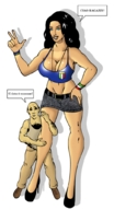 drawing giantess black_hair color large_breasts cleavage bra high_heels mini_giantess hand dialogue no_background minigtslover
