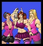 drawing size_difference blonde color large_breasts long_hair cleavage skirt huge_breasts brunette muscles on_shoulder minigtslover