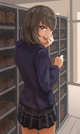 drawing color handheld brunette brown_eyes shrunken_men school uniform shrunken_man indoors looking_at_viewer miniskirt uru shoe_locker