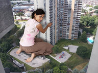 collage toes barefoot soles brunette brown_eyes kneeling toe_ring looking_back looking_at_viewer ankles crowds shijedy