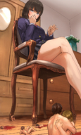 crush handheld blood brunette gore uniform shrunken_people cruel dangle chair indoors dismemberment miniskirt uru looking_at_tiny