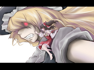 drawing giantess blonde color teeth barefoot touhou red_eyes brunette witch marisa_kirisame reimu_hakurei shrine_maiden on_shoulder berserker ao_usagi