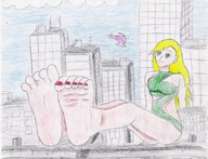 drawing giantess feet city blonde color long_hair toes barefoot helicopter soles outdoors nail_polish garganta ac_comics