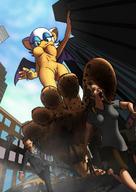 drawing giantess nude furry anthro city color destruction barefoot rampage low_angle foot_crush dangle vehicles rouge_the_bat running_away looking_at_tiny