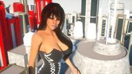 giantess city long_hair cleavage brunette looking_at_viewer digital_render fater