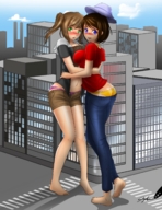 panties blushing city blue_eyes multiple_giantesses barefoot buildings green_eyes brunette giantesses hugging hat looking_at_viewer commission migs308