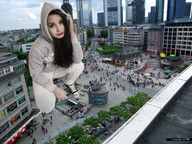 giantess collage city black_hair long_hair kneeling looking_at_viewer