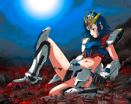 drawing city mega color mecha destruction giant blue_hair torajimaneko sitting fire looking_down gundam