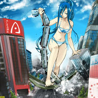 breasts drawing giantess city mega color swimsuit destruction blue_eyes barefoot rampage blue_hair train omc foot_crush tokyo strolling giantess_tokyo